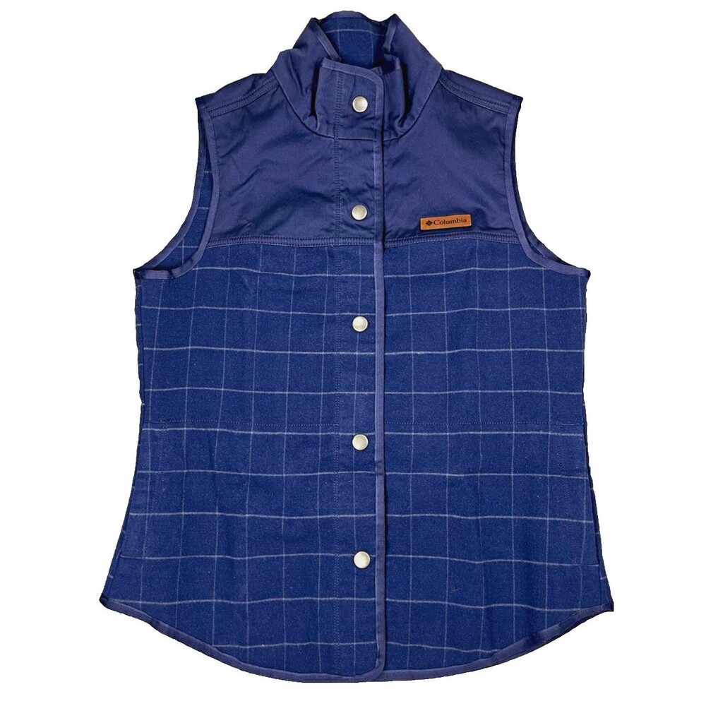 Columbia Womens M Blue Plaid Snap Front Woven Vest Lightweight Mid Length Logo